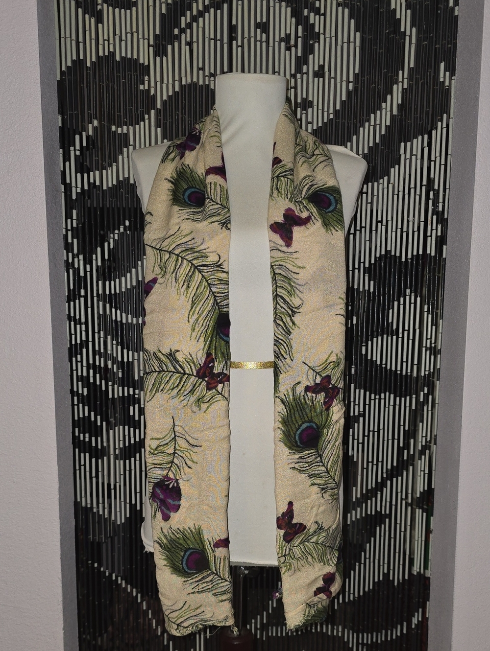 Cream Peacock Feather Print Scarf with Purple Butterfly Accents
